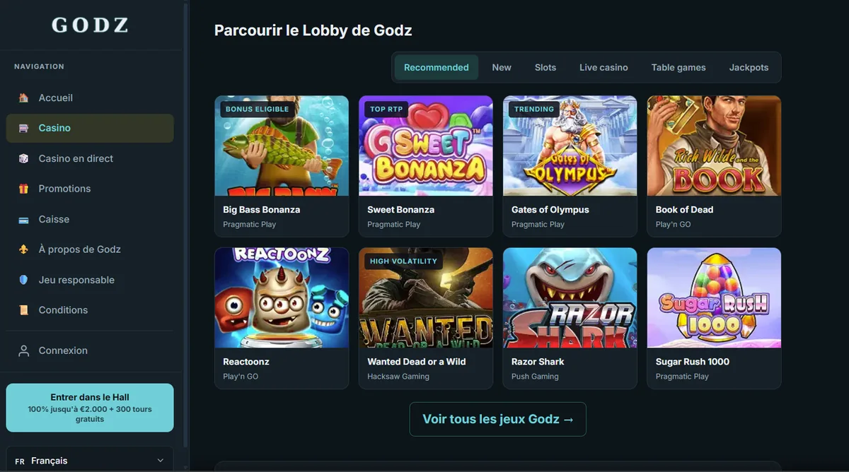 Page d'accueil de Godz, jouer casino crypto anonyme