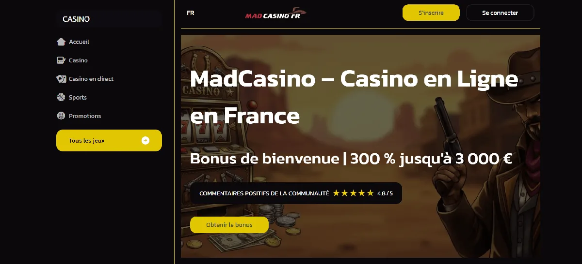 Page d'accueil de MadCasino, casino crypto rapide sans papiers