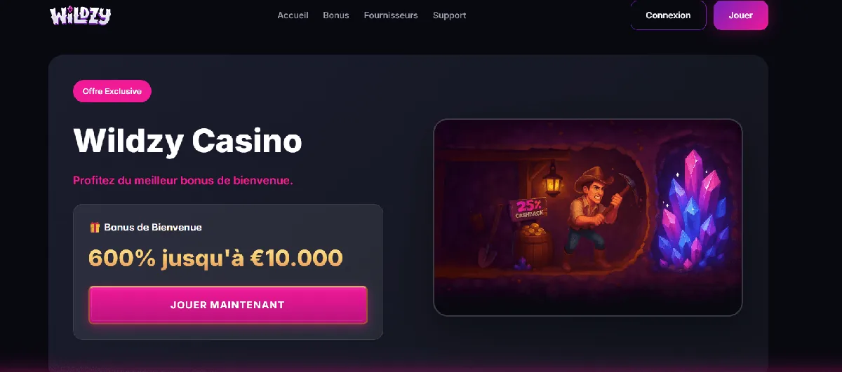 Page d'accueil de Wildzy, casino crypto sans vérification